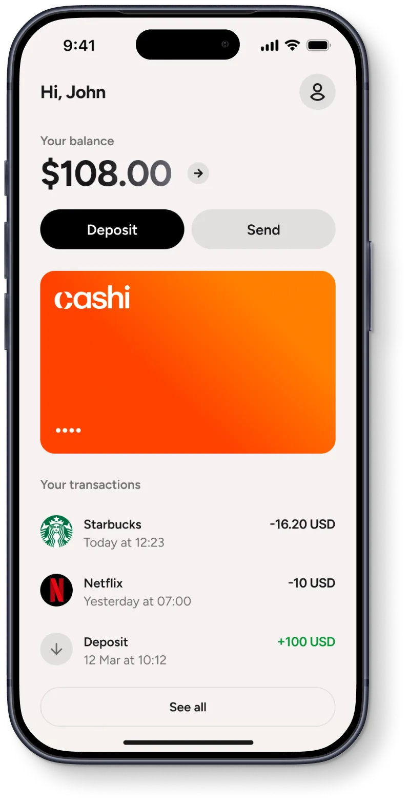 Cashi app showing balance and recent transactions